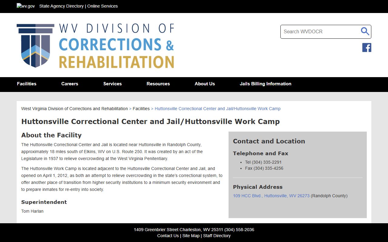 Huttonsville Correctional Center facility page for Randolph County prison inmate search