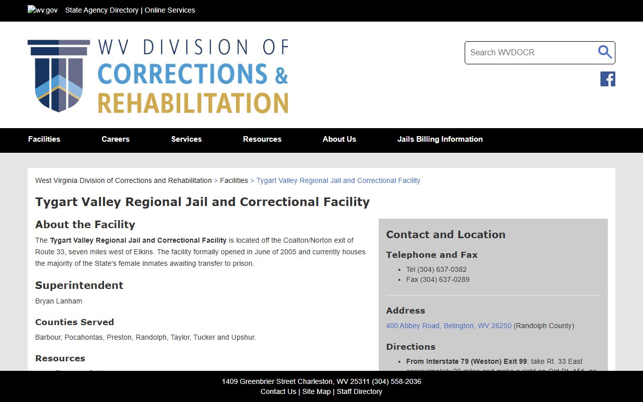Tygart Valley Regional Jail and Correctional Facility page for Randolph County inmate lookup