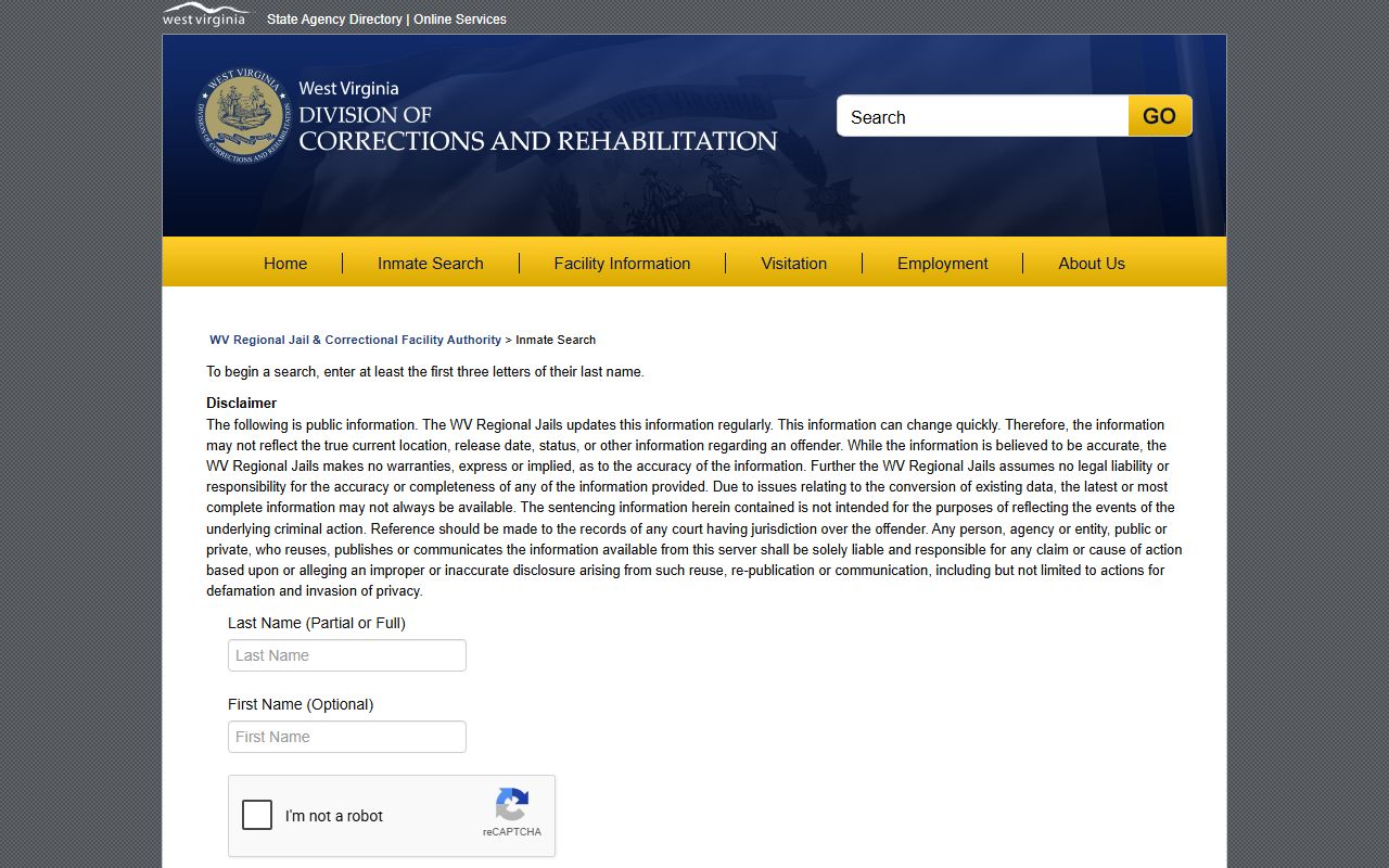 Randolph County jail custody WVDCR offender search form